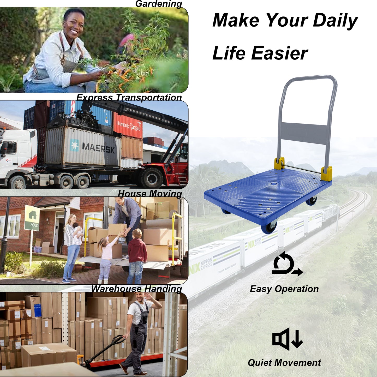 Foldable Platform Push Hand Truck Cart, 880 lbs. Weight Capacity, 2 Swivel Brake Wheels image 5