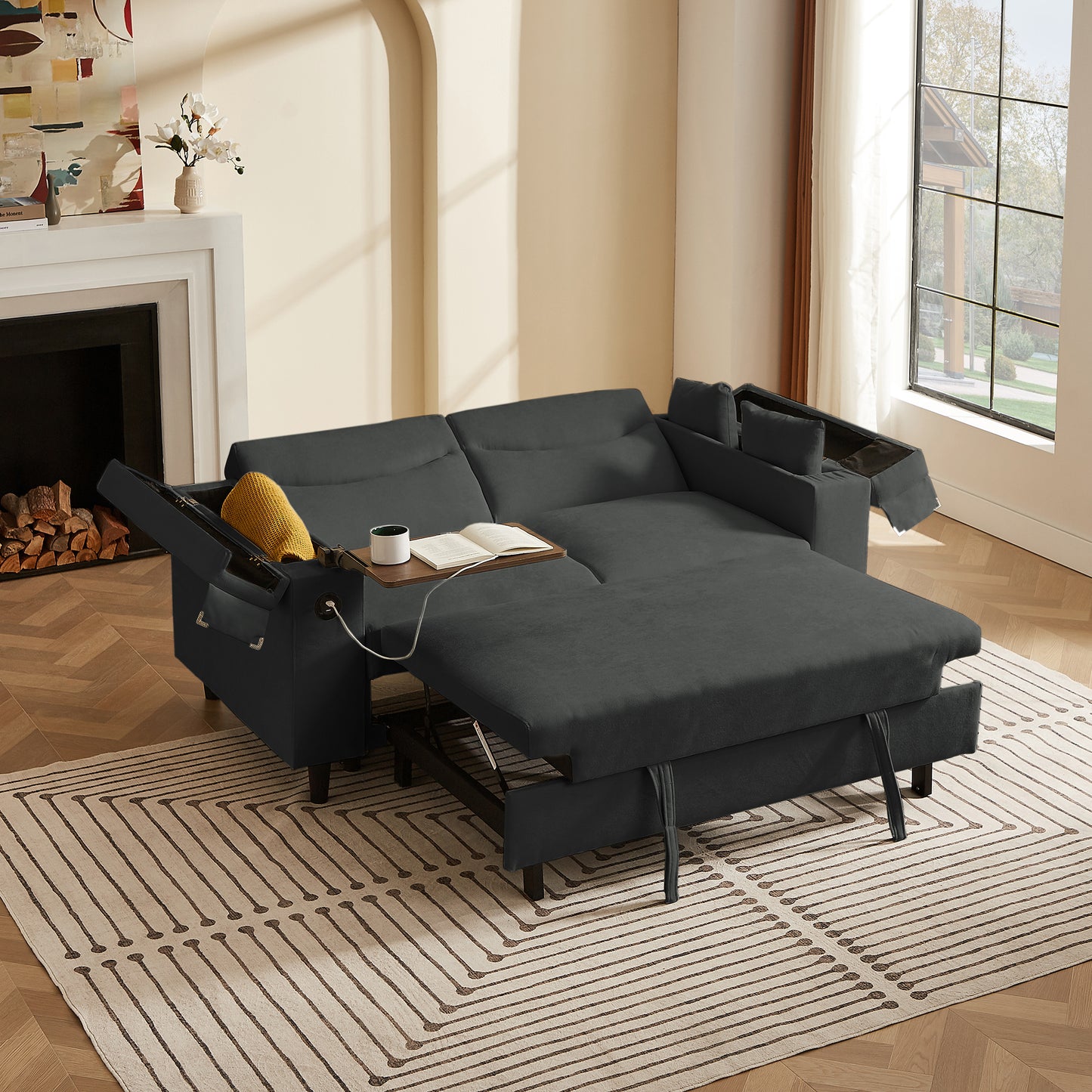 Dark Grey Chenille Sofa with Side Table and USB Port image 1
