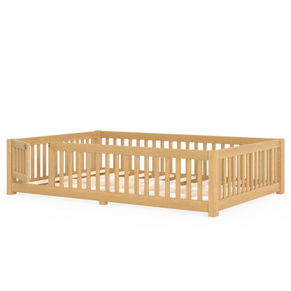 Queen Size Bed Floor Bed with Safety Guardrails and Door for Kids, Natural image 12
