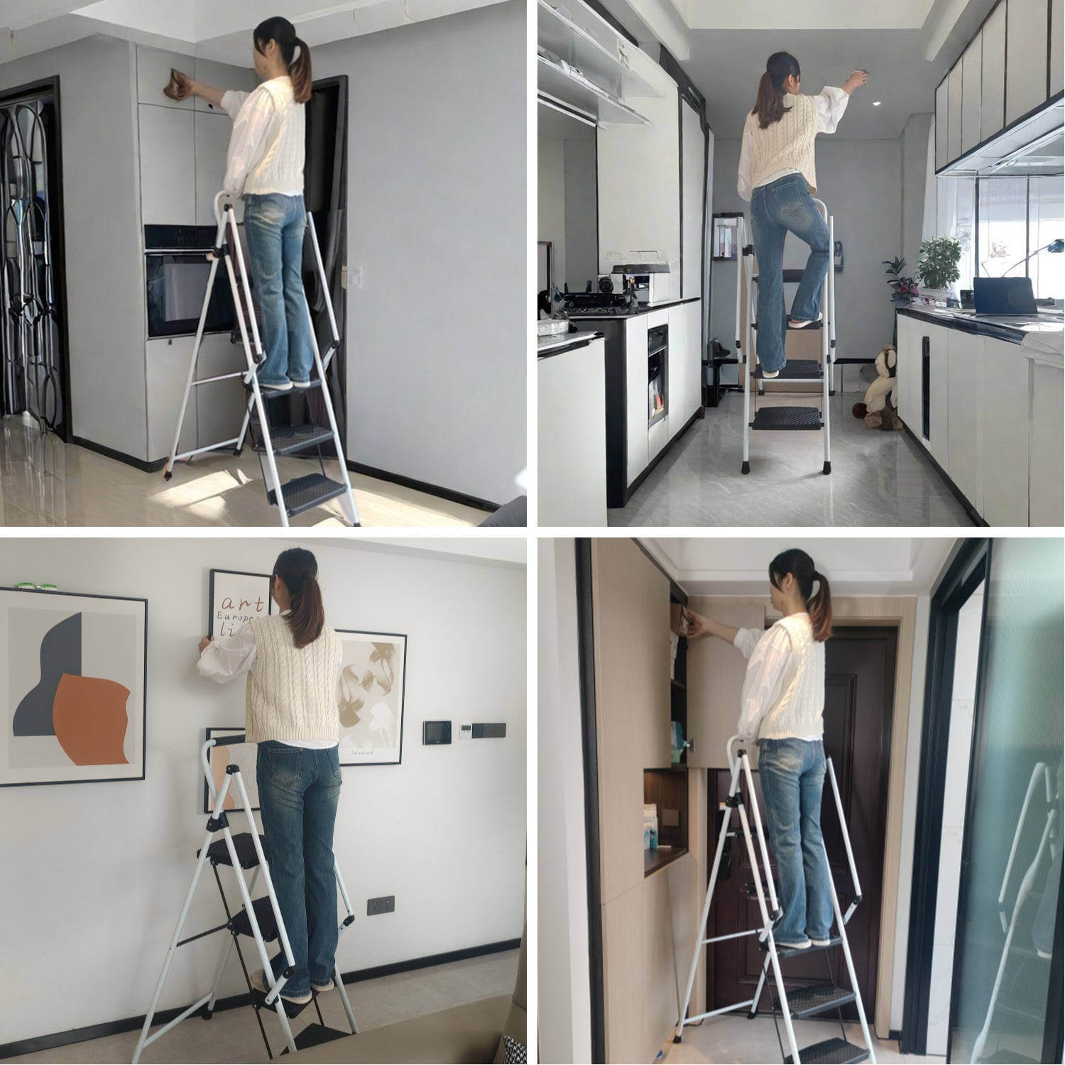 ladder, folding ladder stool, with anti slip wide pedals, steel ladder, with safety anti slip handle, lightweight 330 pound portable steel ladder stool in White 5 steps image 2