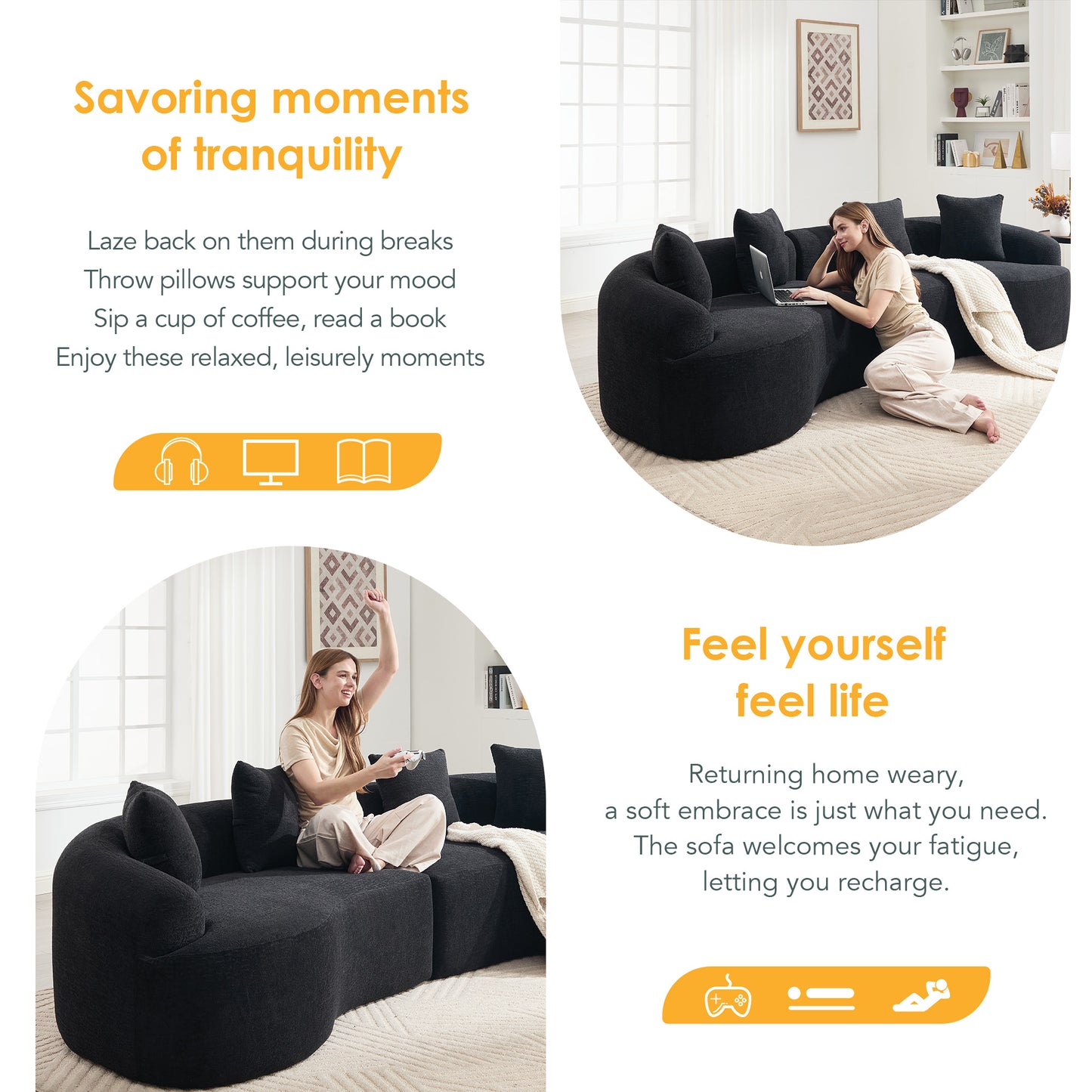 Compression Sponge Sofa Black Curved Modular Sectional, 30D High-Density Chenille Sleeper Couch for Apartment,Living room 110"L image 2
