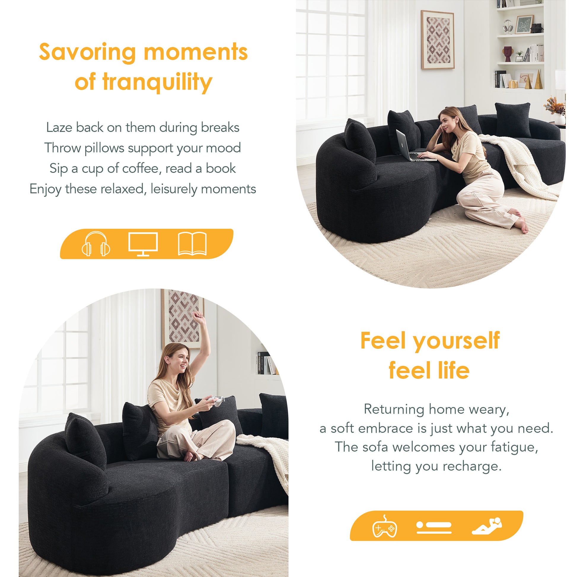 Compression Sponge Sofa Black Curved Modular Sectional, 30D High-Density Chenille Sleeper Couch for Apartment,Living room 110"L image 2