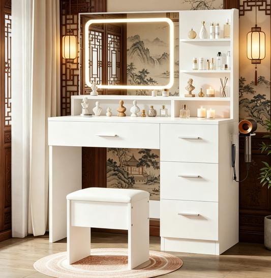 Elegant vanity includes lighted mirror and storage drawers; white makeup table for women; suitable for various settings including bedrooms, living rooms, and dorms image 1