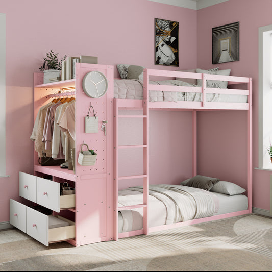 Twin Size Bunk Bed with 4 Storage Drawers, Hanging Rail, Light Strip and Built-in Shelves & Dual Pegboards, 3 Colors Available,Pink image 1