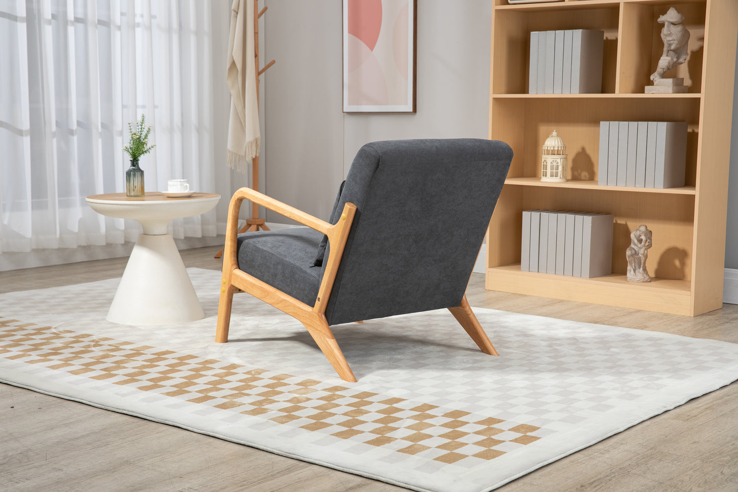Mid Century Modern Accent Chair with Wood Frame, Upholstered Living Room Chairs with Waist Cushion, Reading Armchair for Bedroom Sunroom image 6