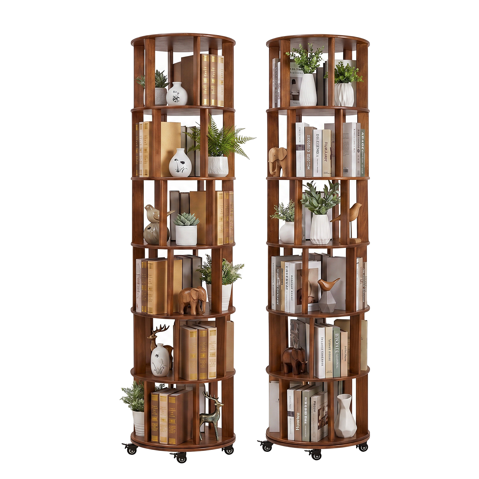 6 Tier Rotating Bookshelf, Solid Wood Rotating Bookshelf Tower with Wheels, 360° Display Round Spinning Bookshelf for Small Spaces, Corner, Bedroom, Living Room, Home, Office, Walnut image 10
