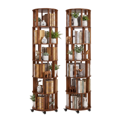 6 Tier Rotating Bookshelf, Solid Wood Rotating Bookshelf Tower with Wheels, 360° Display Round Spinning Bookshelf for Small Spaces, Corner, Bedroom, Living Room, Home, Office, Walnut image 10
