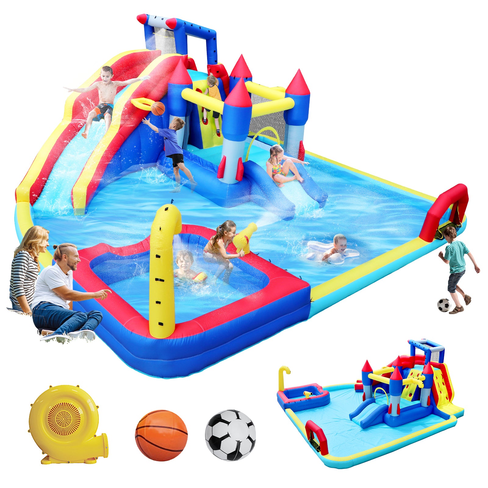 10 in1 Inflatable slide water park bouncing house garden with splash pool & water gun & basketball & climbing wall & dual pools & soccer image 1