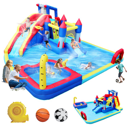 10 in1 Inflatable slide water park bouncing house garden with splash pool & water gun & basketball & climbing wall & dual pools & soccer image 1