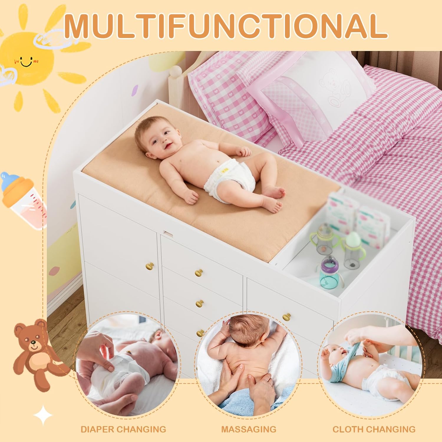 Baby Classic Nursery Dresser with 8 Drawers and 2 Cabinet, Multi-Functional Baby Changing Table, Diaper Changing Station for Children's Room image 4