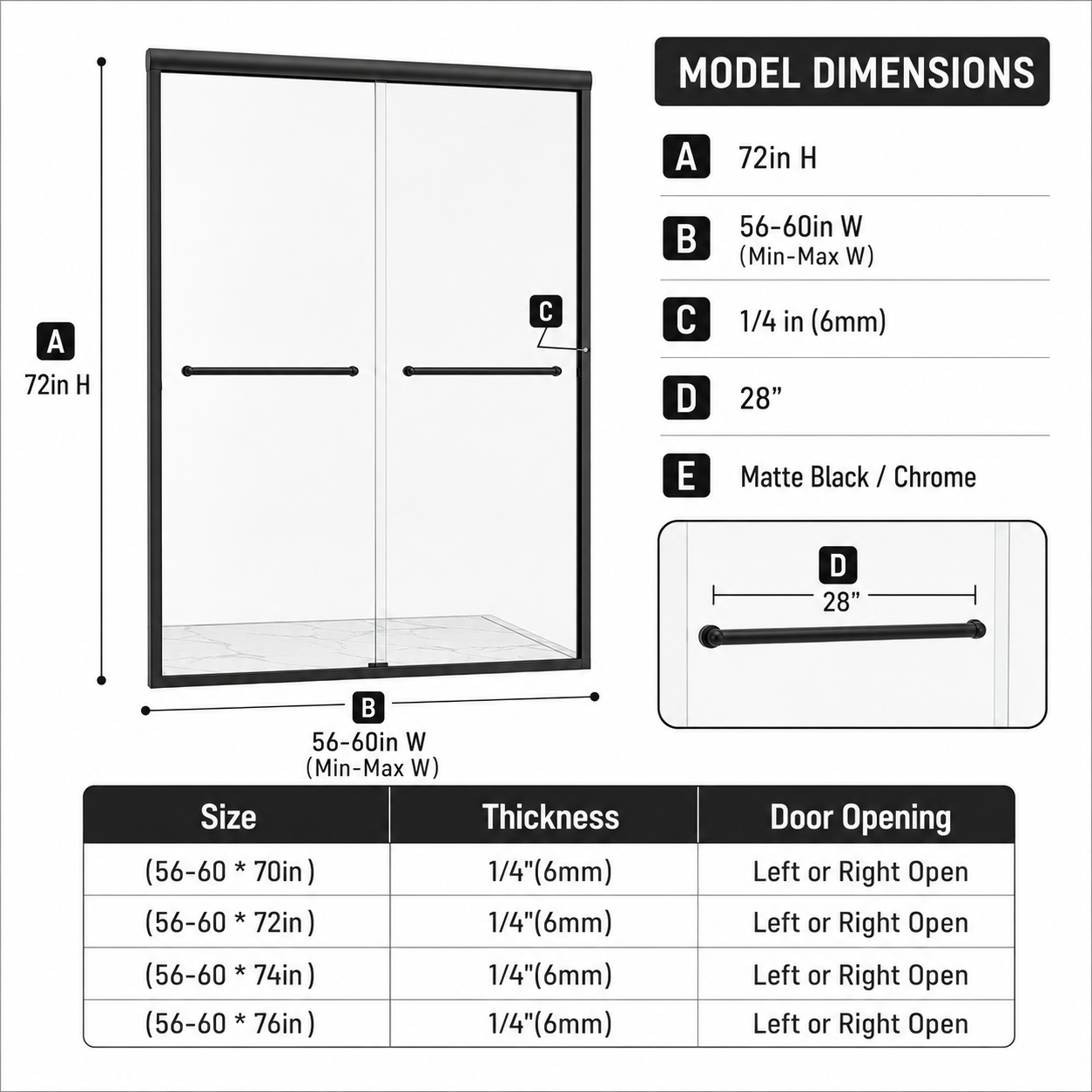 56-60" W x 72" H Framed Double Sliding Shower Door, 1/4" (6mm) Clear Tempered Glass with Safety Film and Nano Coating, Waterproof Seals, Matte Black image 2