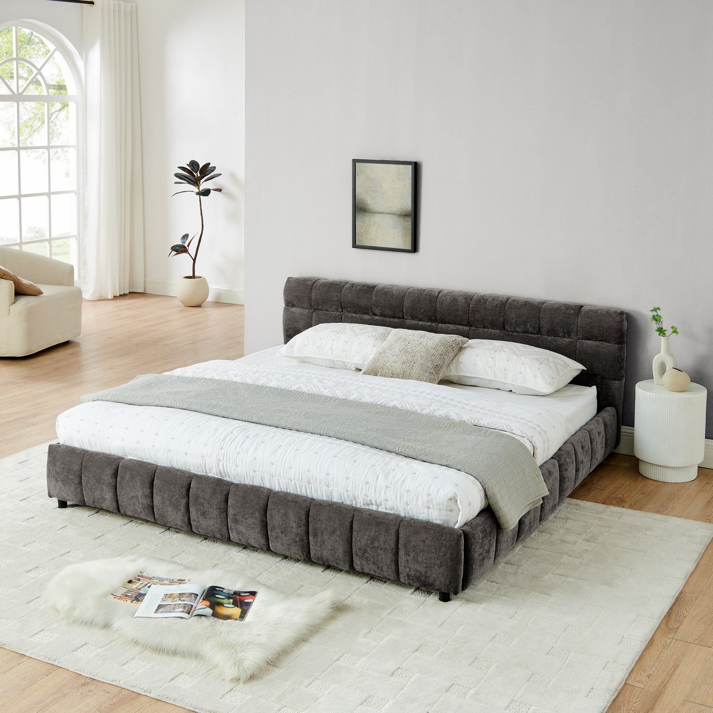 King Size Upholstered Bed,comfortable upholstered bed frame, Chenille fabric, with headboard and solid bed frame. With drawer for storage.-Dark Gray(88.5''*85.5''*31'') image 4