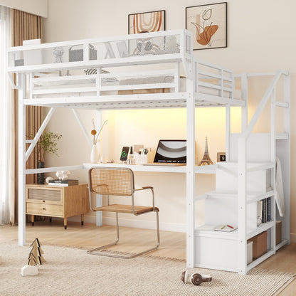 Full Loft Bed with Desk and Charging Station, Full Size Metal Loft Bed with Stairs and Light for Kids Teens,White (OLD SKU W2580S00046) image 4