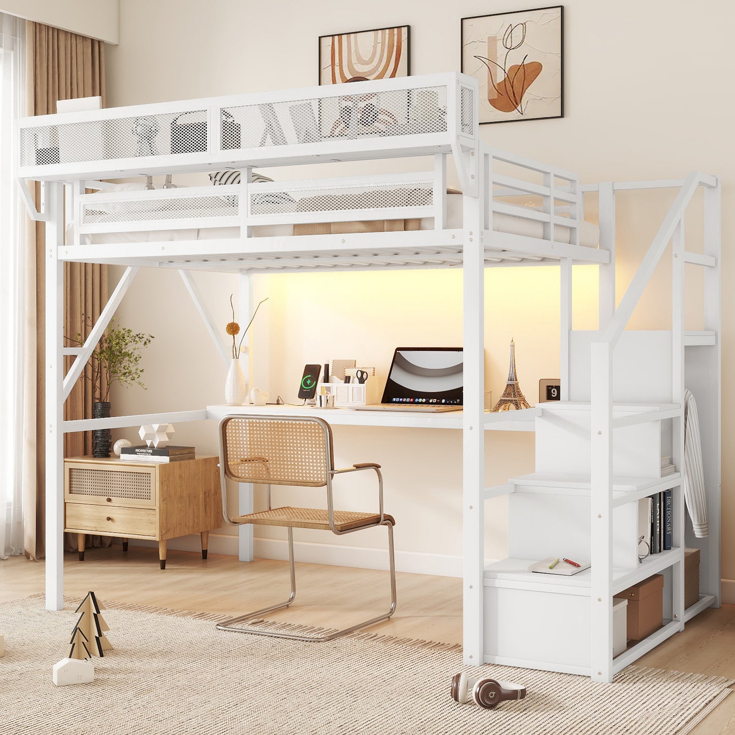 Full Loft Bed with Desk and Charging Station, Full Size Metal Loft Bed with Stairs and Light for Kids Teens,White(Expect Arrival Date 2026/3/7) image 3