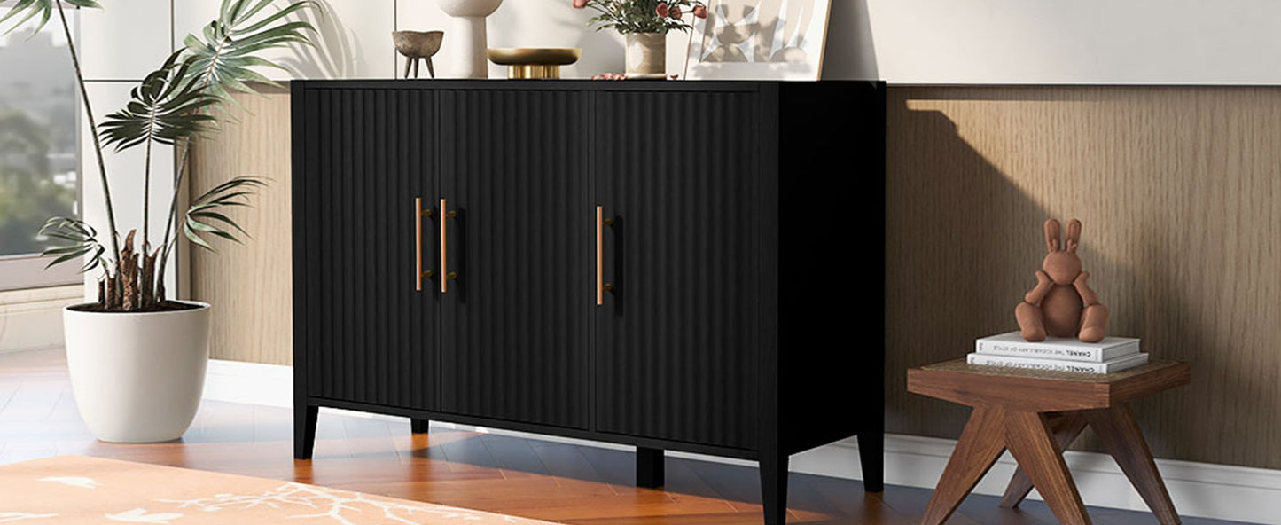 U-Style Wavy 3-Door Sideboard with Solid Pine Legs, Painted Finish Storage Cabinet with American Style for Living Room, Entryway, Kitchen, and Home Office. image 4