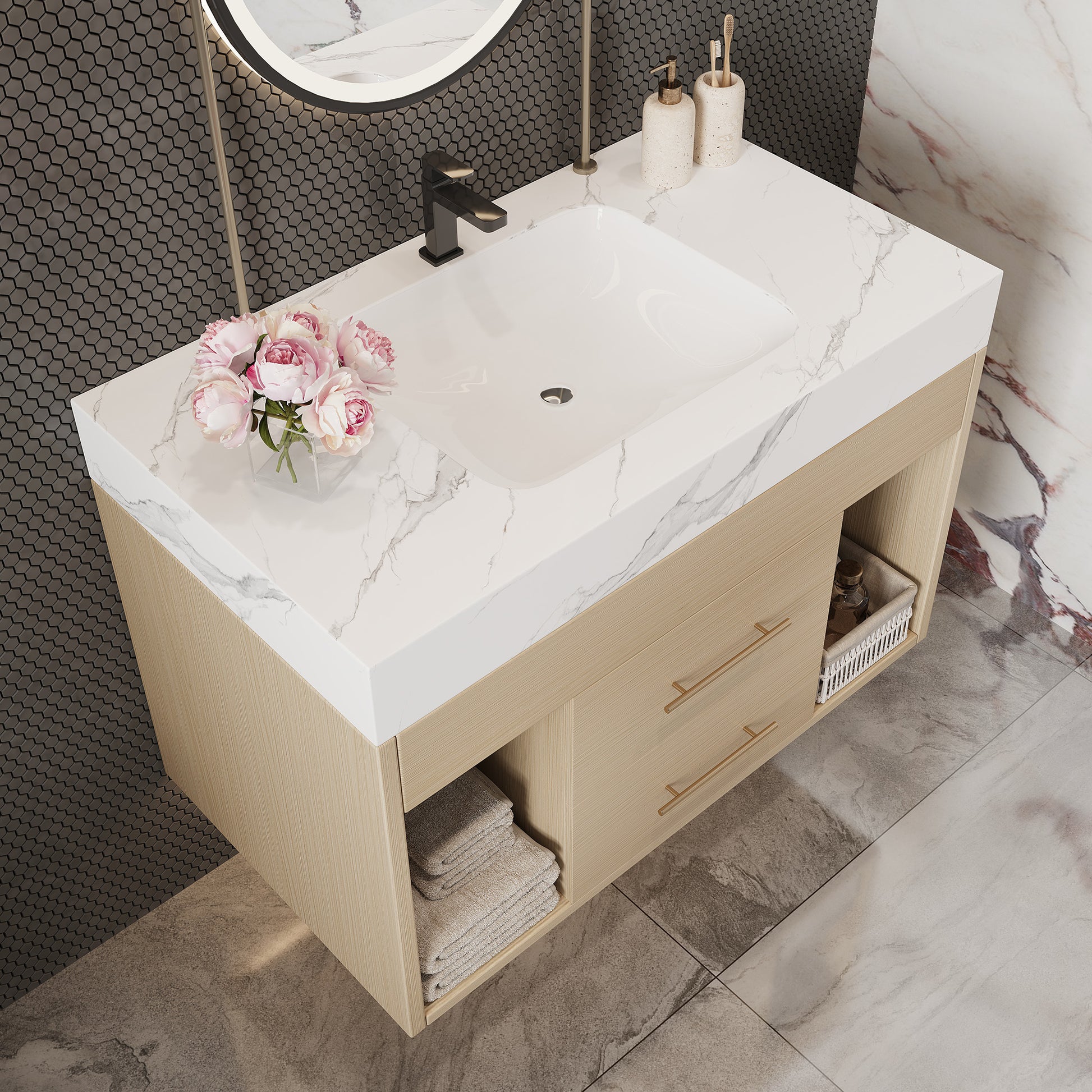 29.9" Modern Floating Bathroom Vanity with Sintered Stone Top Ceramic Undermount Sink Wall-Mounted for Small Bathrooms, Apartment image 5