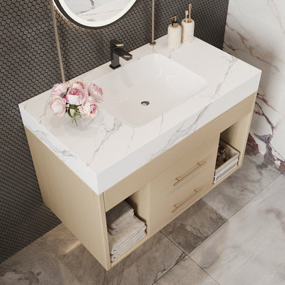 29.9" Modern Floating Bathroom Vanity with Sintered Stone Top Ceramic Undermount Sink Wall-Mounted for Small Bathrooms, Apartment image 5