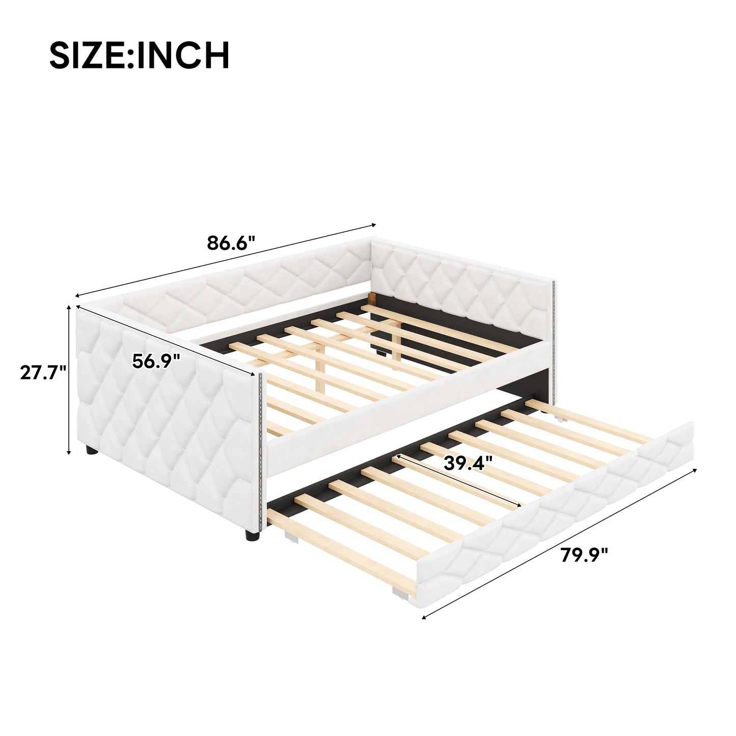 Full XL Size Upholstered Daybed with Trundle and LED, White image 10