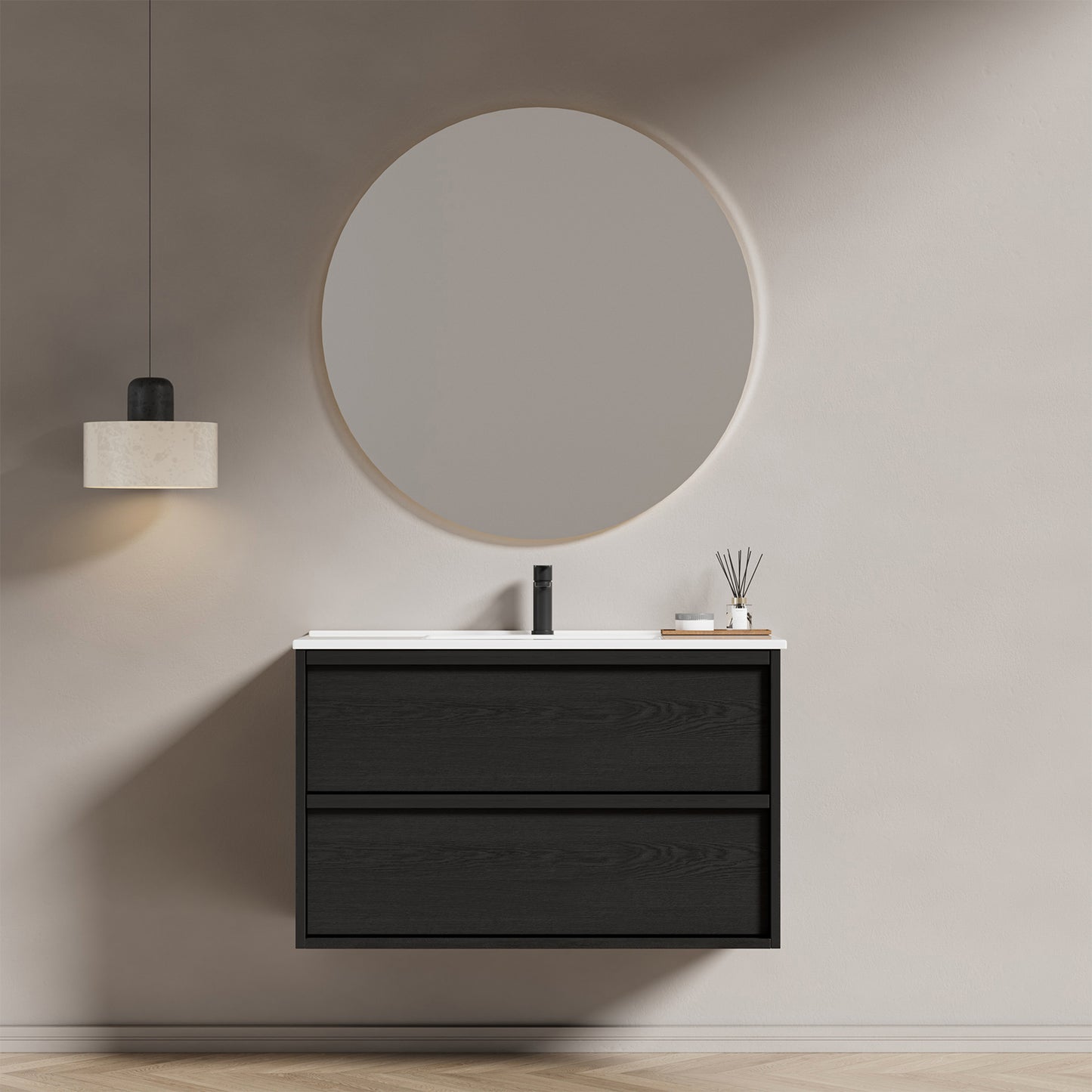 36 Inch Bathroom Vanity Cabinet With Ceramic Sink - Gray Wall Mounted Floating Fluted Vanity With Drawers, Modern image 1