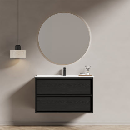 36 Inch Bathroom Vanity Cabinet With Ceramic Sink - Gray Wall Mounted Floating Fluted Vanity With Drawers, Modern image 1