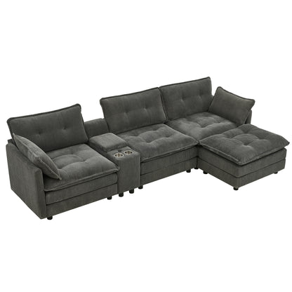 119" L-Shaped Oversized Corduroy Modular Sectional Sofa with 1 Ottoman and Multi Functional Console, 4-Seater Upholstered Couch with USB and 2 Cup Holder, Easy Assembly, for Living Room, Grey image 11