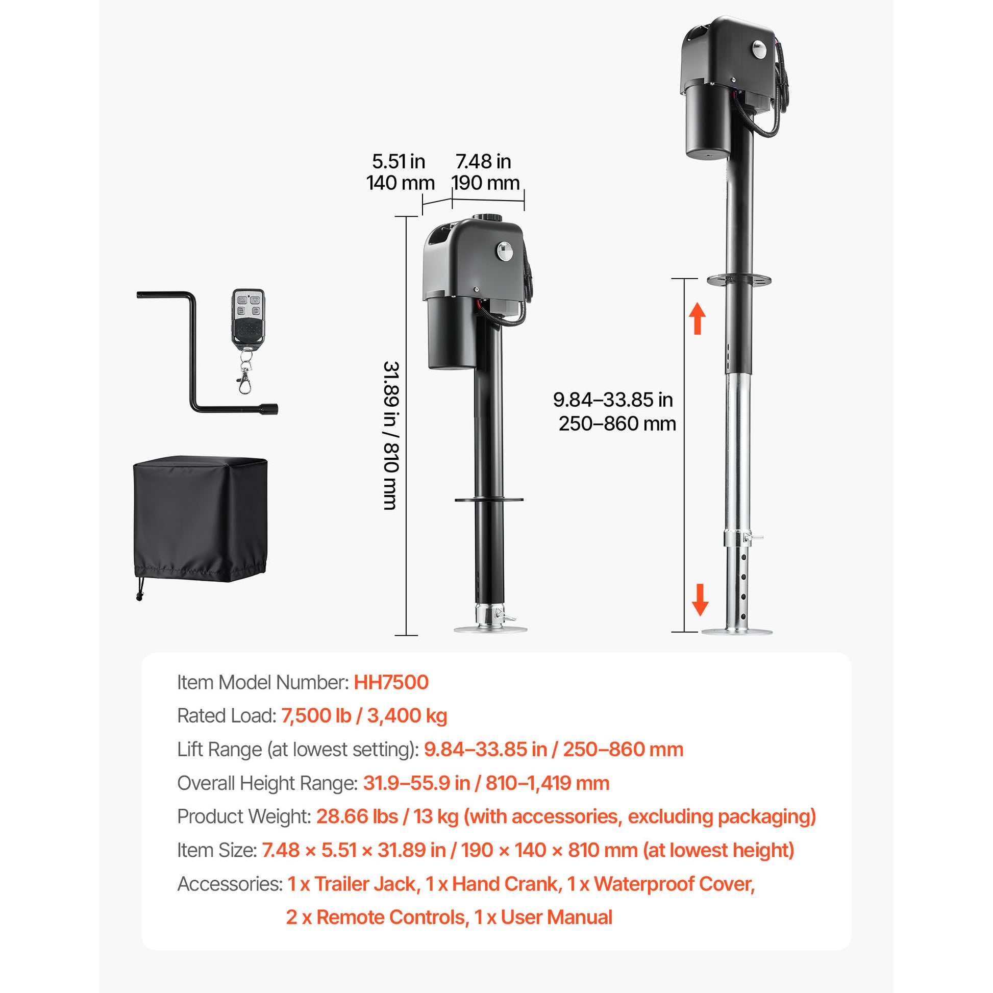 Electric Trailer Jack, 7500 lbs Capacity, Electric Power Tongue Jack with Waterproof Protective Cover & LED Light for Travel Trailer, Camper, RV, 9.84-27.84 in Lift, 12V DC with Wiring, Black image 2