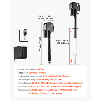 Electric Trailer Jack, 7500 lbs Capacity, Electric Power Tongue Jack with Waterproof Protective Cover & LED Light for Travel Trailer, Camper, RV, 9.84-27.84 in Lift, 12V DC with Wiring, Black image 2