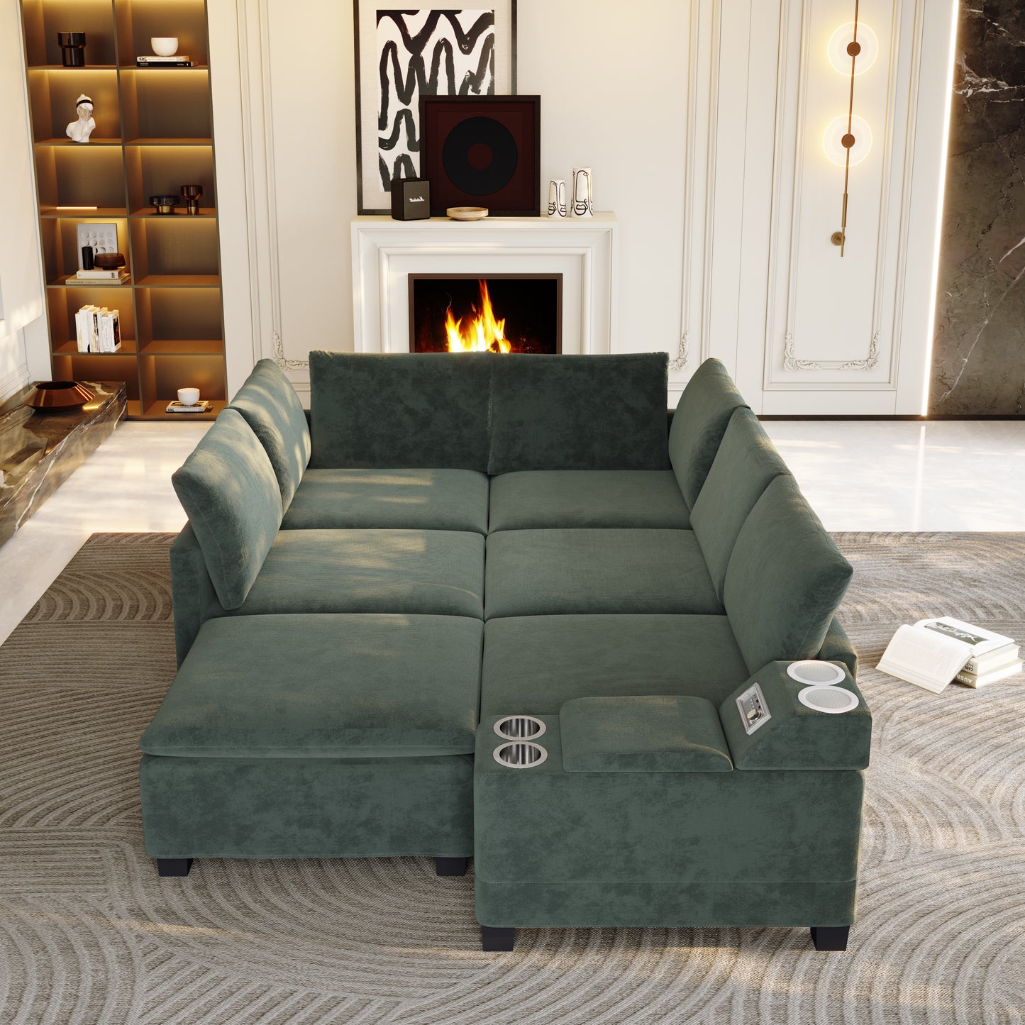 121.2" Modular U-Shaped Cloud Sectional Sofa with Movable Ottoman, Chenille Convertible Sofa Bed with Hidden Storage & USB Ports & Cup Holders & Bluetooth Speaker for Living Room, Apartments, Green image 4