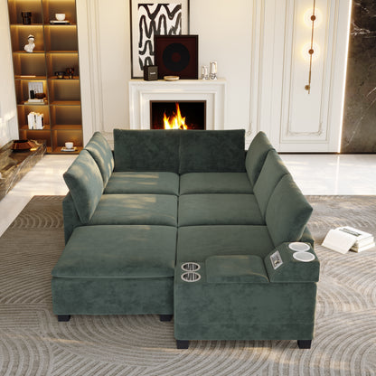 121.2" Modular U-Shaped Cloud Sectional Sofa with Movable Ottoman, Chenille Convertible Sofa Bed with Hidden Storage & USB Ports & Cup Holders & Bluetooth Speaker for Living Room, Apartments, Green image 4