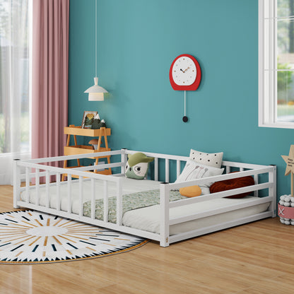 Full Size Floor Bed, Low Profile Metal Platform with Heavy Duty Guardrails, No Box Spring Needed, White image 2