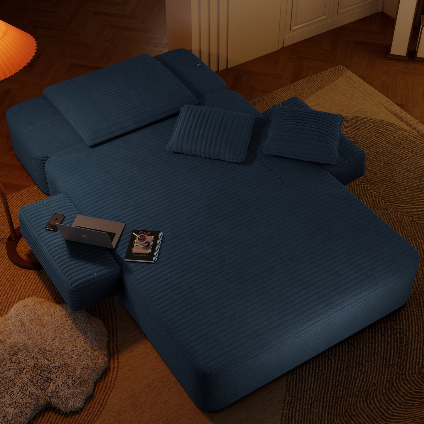Luxurious Plush Corduroy Chaise Lounge with 3 Pillows, Convertible Sofa Bed with Storage Pocket, Frameless Design & Compression Foam for Small Spaces, Living Room, Apartment,Blue image 11
