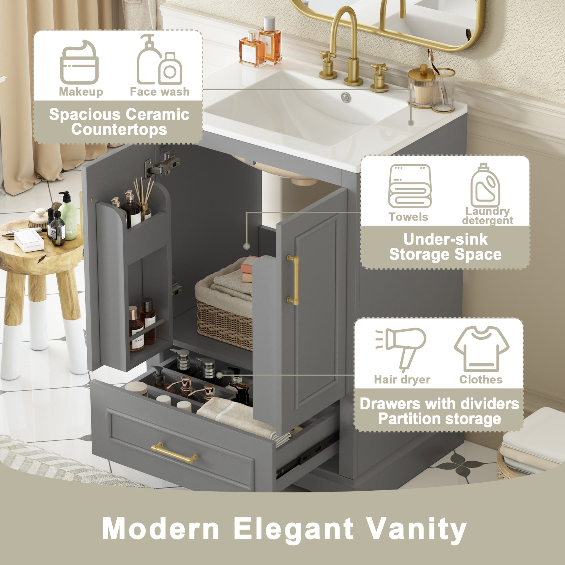 24"Bathroom Vanity with Sink, MDF Cabinet with Solid Wood Frame, 1 Divided Drawer and 2 Soft Close Doors with Double Shelf on the Door, Freestanding Vanity image 4