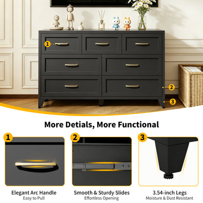 7-Drawer Dresser, Wide Low-Profile Storage Cabinet, Black Metal Chest of Drawers for Bedroom, Living Room & Entryway image 3