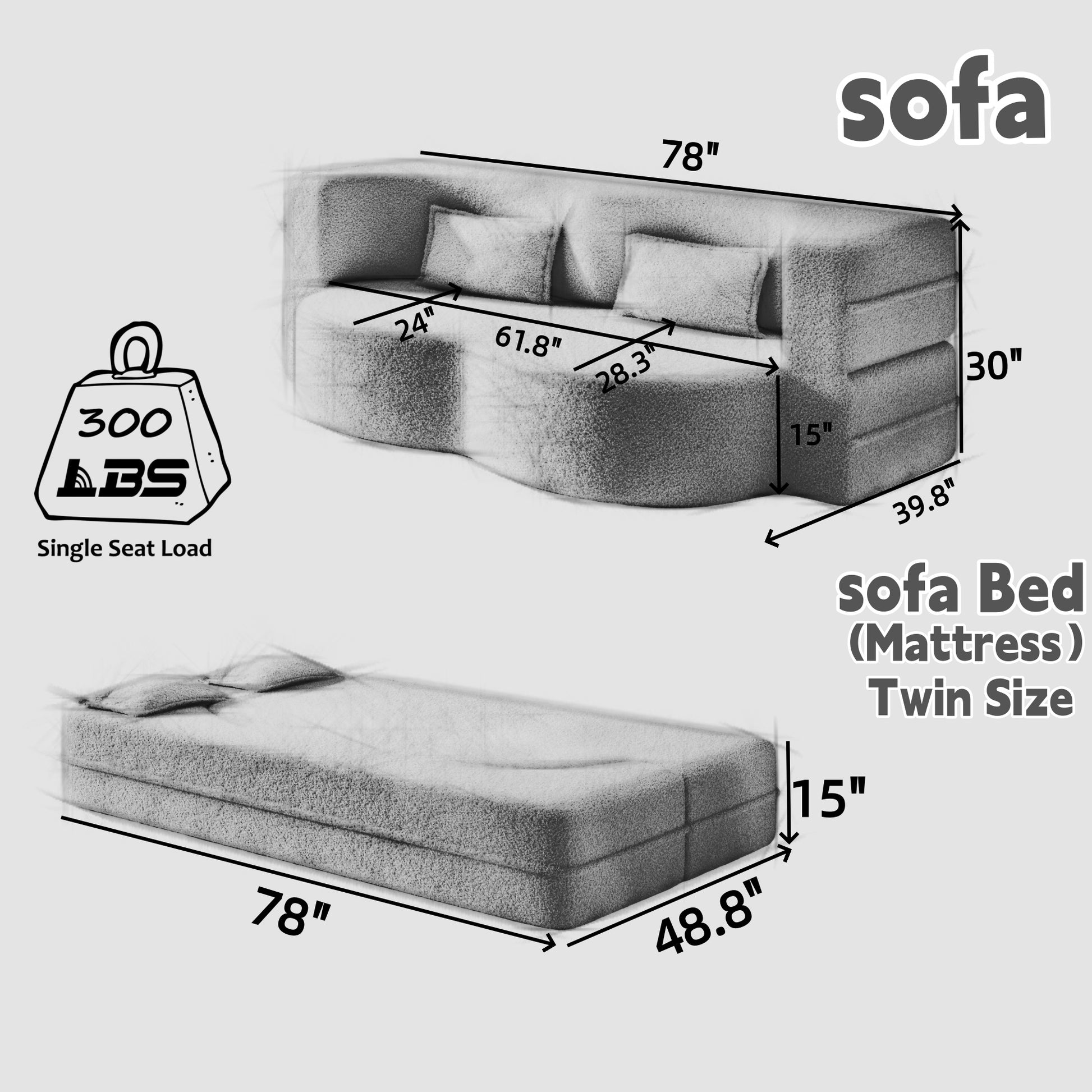 Modern Floor Sofa with 2 Pillows,Convertible Sherpa Fleece Fabric Foam-Filled Sleeper Sofa Bed,15" Twin Size Folding Mattress for Living Room,Guest Bed,Playroom,no assembly required,Burgundy image 7