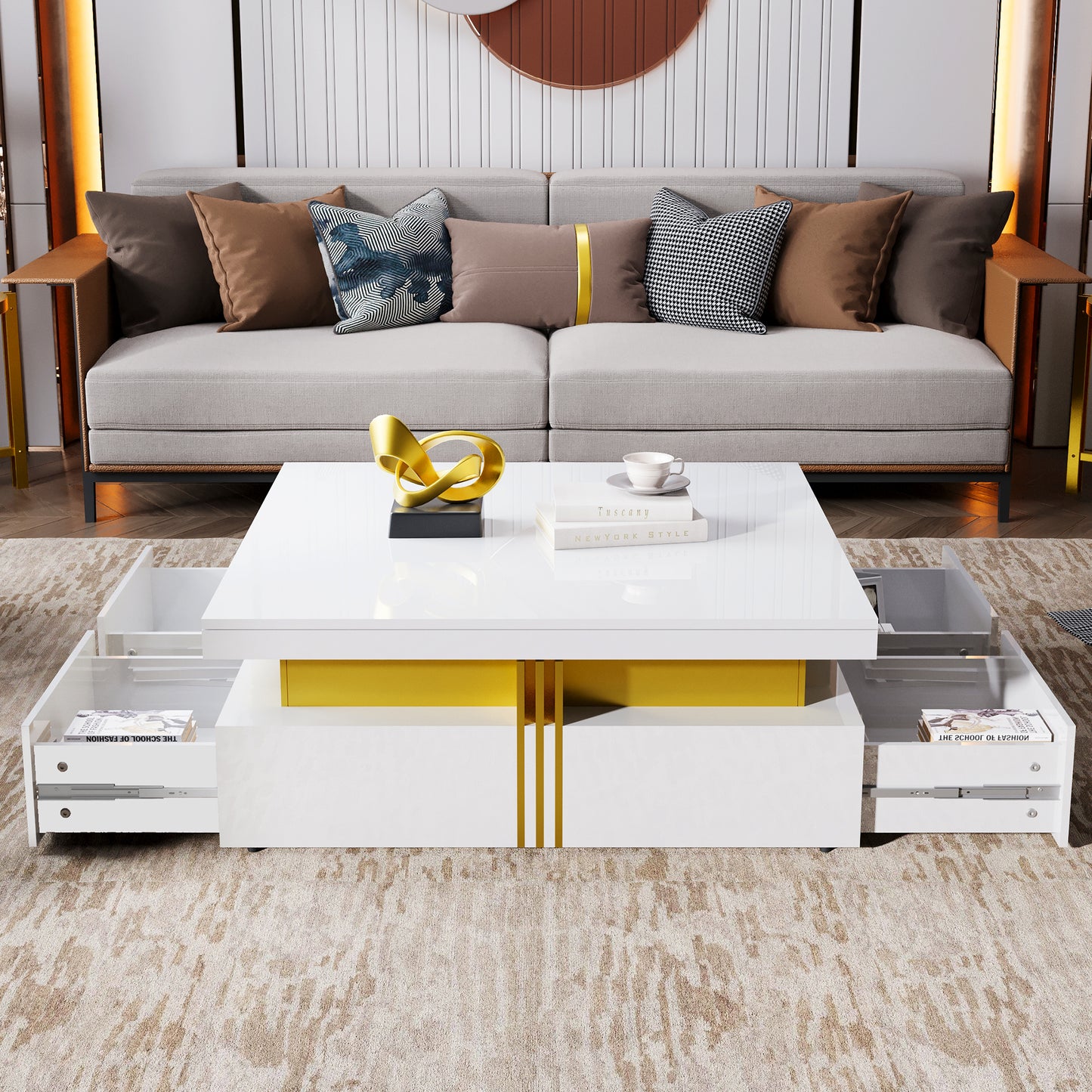 Modern Glossy Square Storage Coffee Table with 4 Drawers, 43.3", White image 7