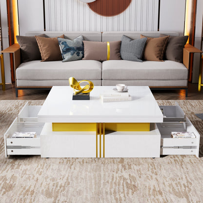 Modern Glossy Square Storage Coffee Table with 4 Drawers, 43.3", White image 7