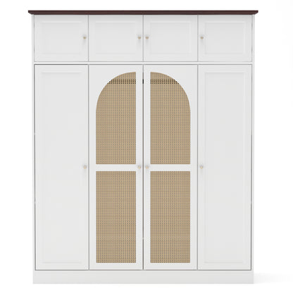 70.87"Tall 8-Door Large Capacity Armoire Wardrobe Closet with Hanging Rod, Adjustable Shelves and Rattan Decorative Doors, Clothing Storage Cabinet for Bedroom, walk-in closet, Living Room, White image 11