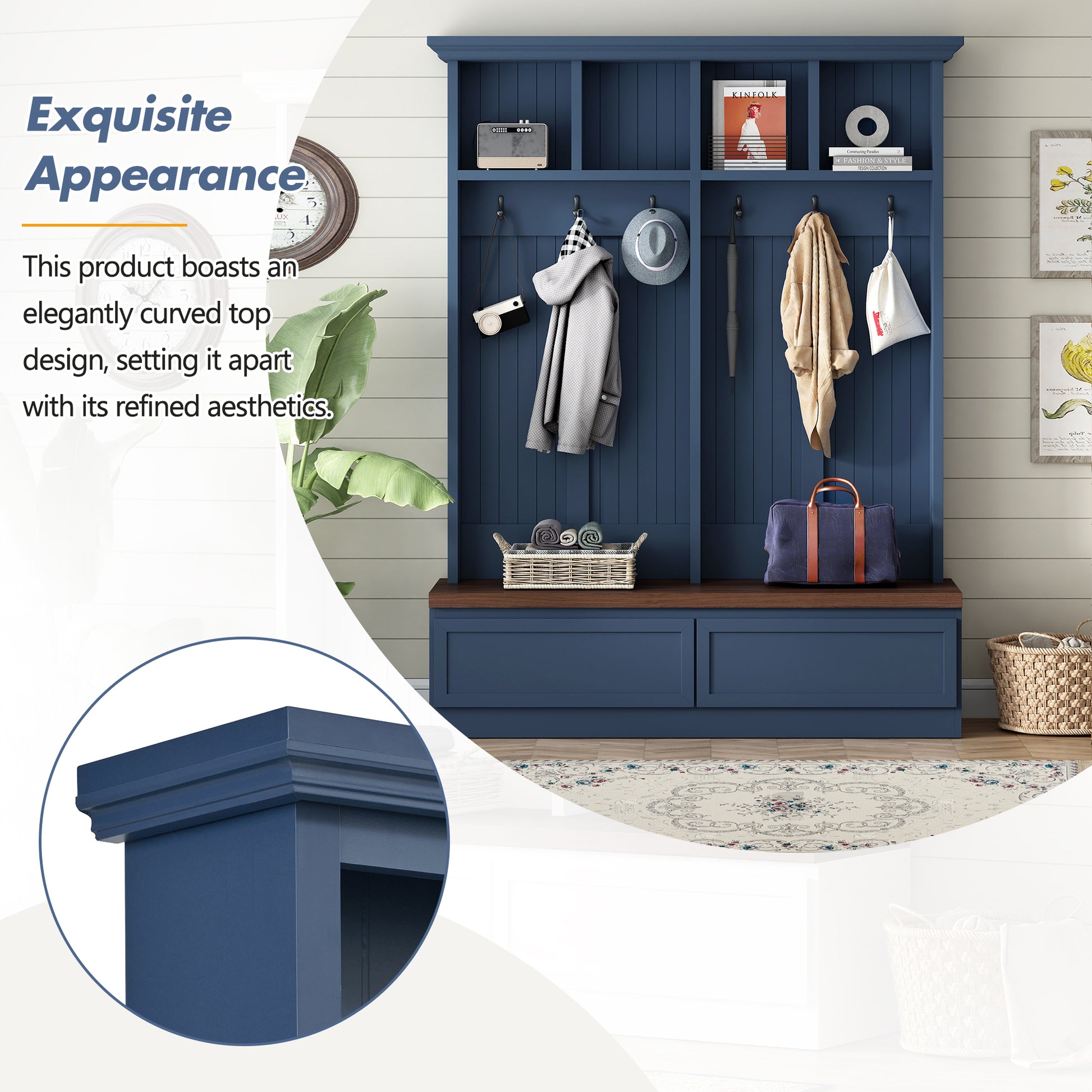 Farmhouse 4-in-1 Hall Tree with Wood Grain Bench, Mudroom Versatile Coat Rack with 2 Large Drawer, Entrance Organizer for Hallway, Living Room, Blue, 55.9"W (OLD SKU: N721P313099C) image 3