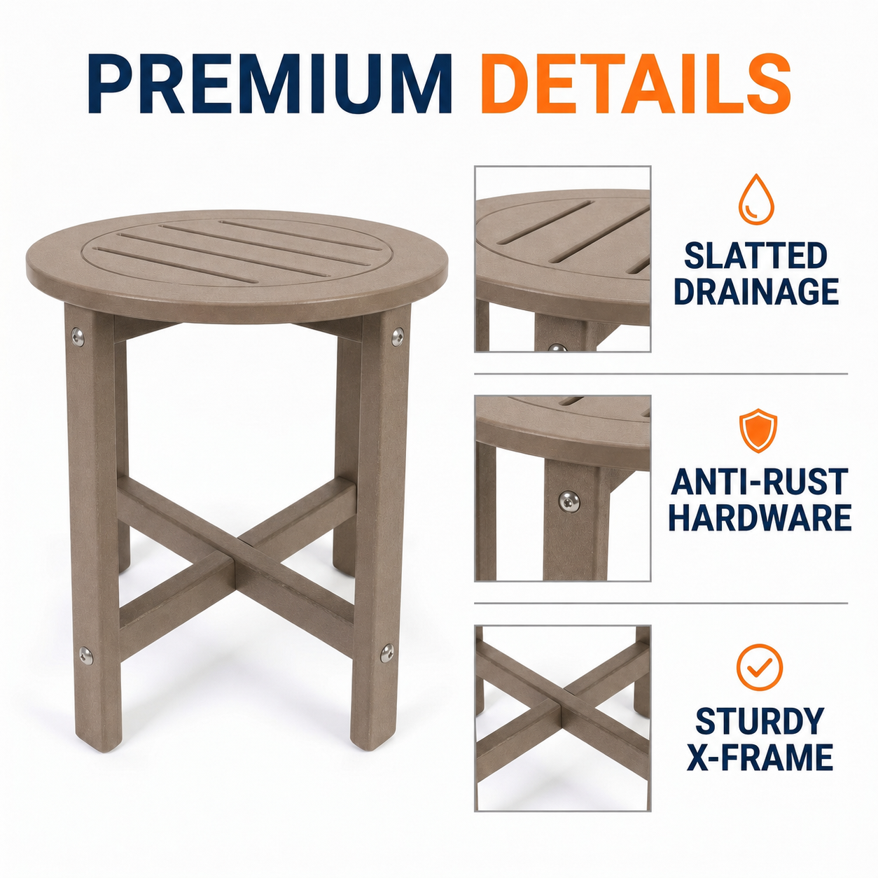 Antique Brown HDPE Outdoor Side Table, Small All-Weather Patio End Table, 15.94 in. L x 15.94 in. W x 17.71 in. H image 7
