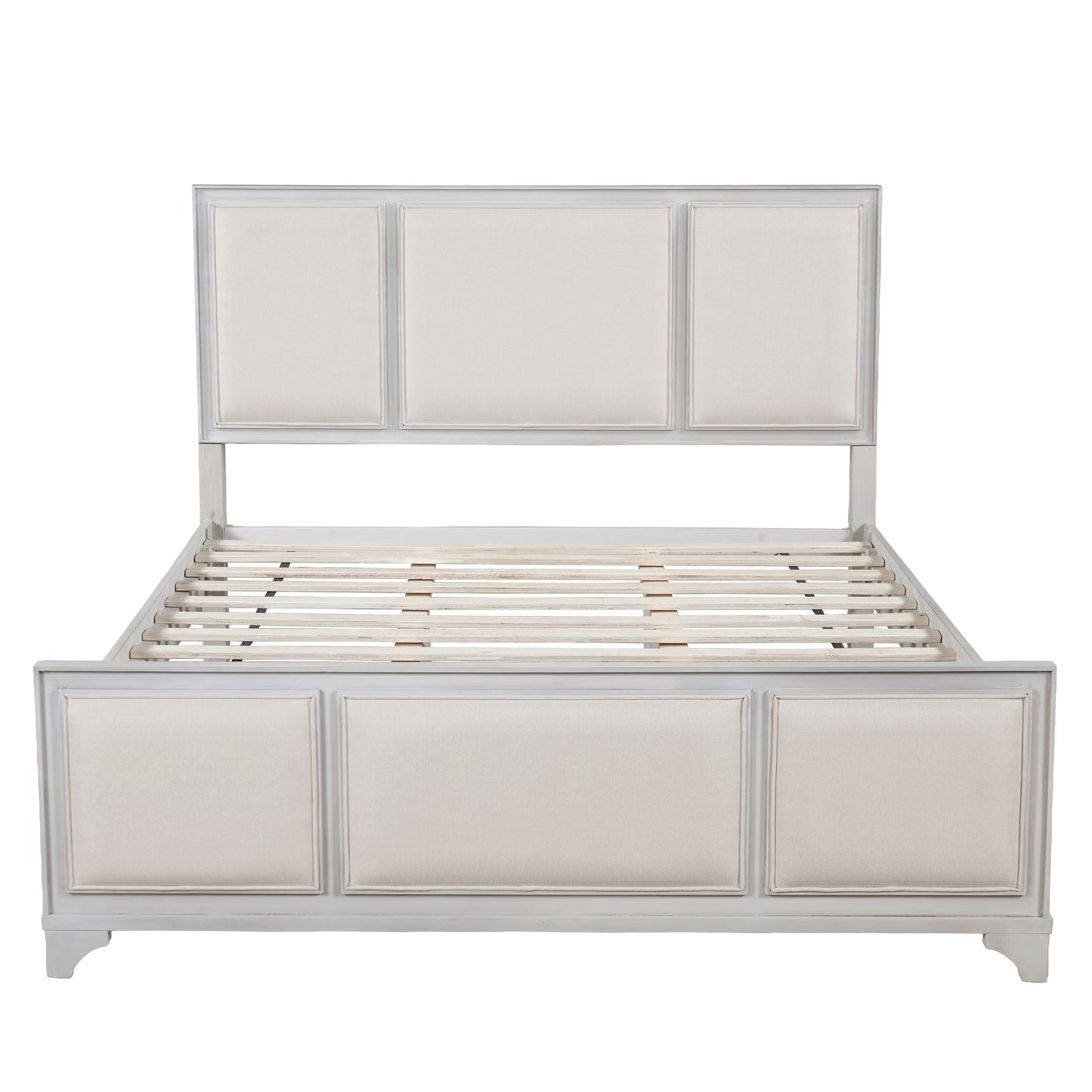 Queen Size Wooden Bed Frame with Upholstered Headboard, White Wood & Beige Fabric, Solid Wood Platform, Modern Farmhouse Style image 6