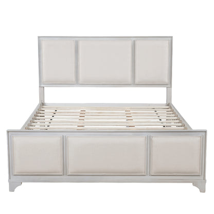 Queen Size Wooden Bed Frame with Upholstered Headboard, White Wood & Beige Fabric, Solid Wood Platform, Modern Farmhouse Style image 6