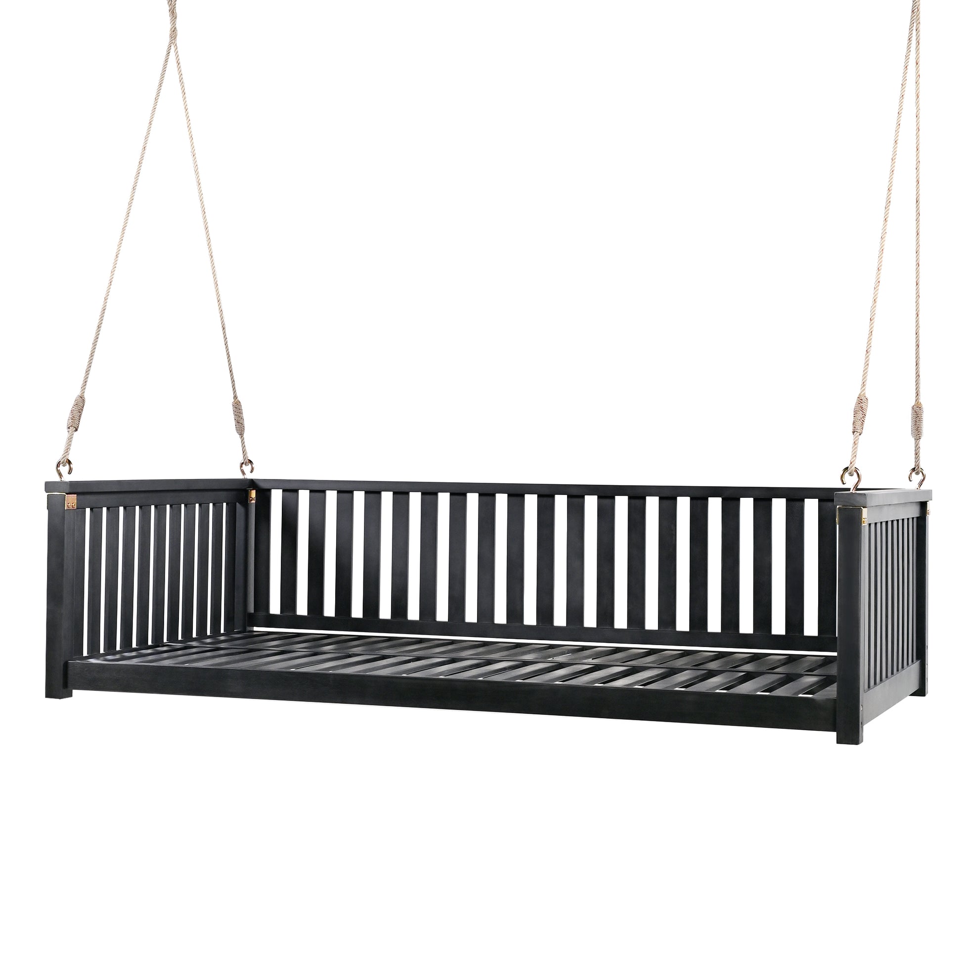 TOPMAX Patio Minimalist Twin Size Garden Swing Bed Wood Porch Swing with Ropes for Backyard, Safe Sloped Design, Black image 12