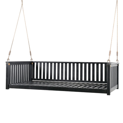 TOPMAX Patio Minimalist Twin Size Garden Swing Bed Wood Porch Swing with Ropes for Backyard, Safe Sloped Design, Black image 12