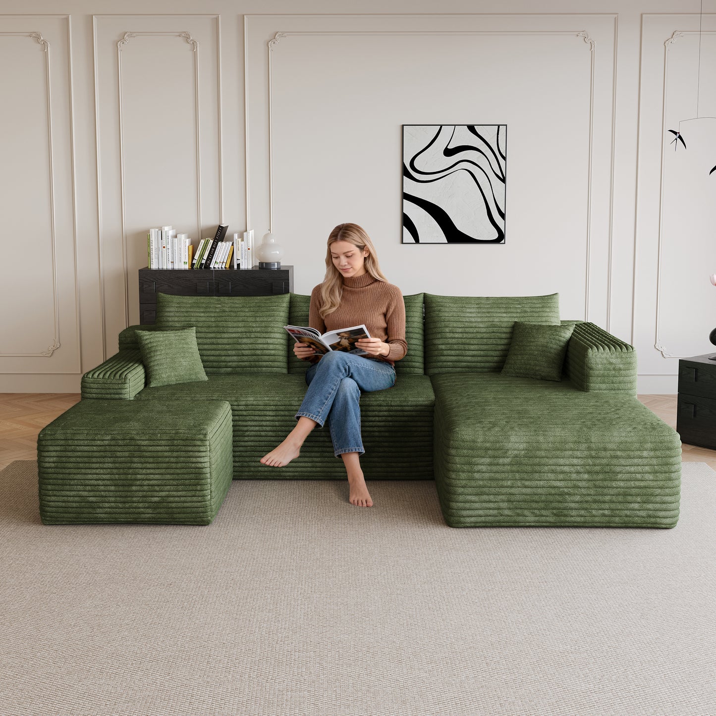 95" Cloud Sectional Sofa with 1 Ottoman,Modern Minimalist Upholstered Couches, Comfort U Shaped Sofa for Living Room,Deep Seat Corner Couch,No Assembly Required,Green((Plush Corduroy Fabric) image 3
