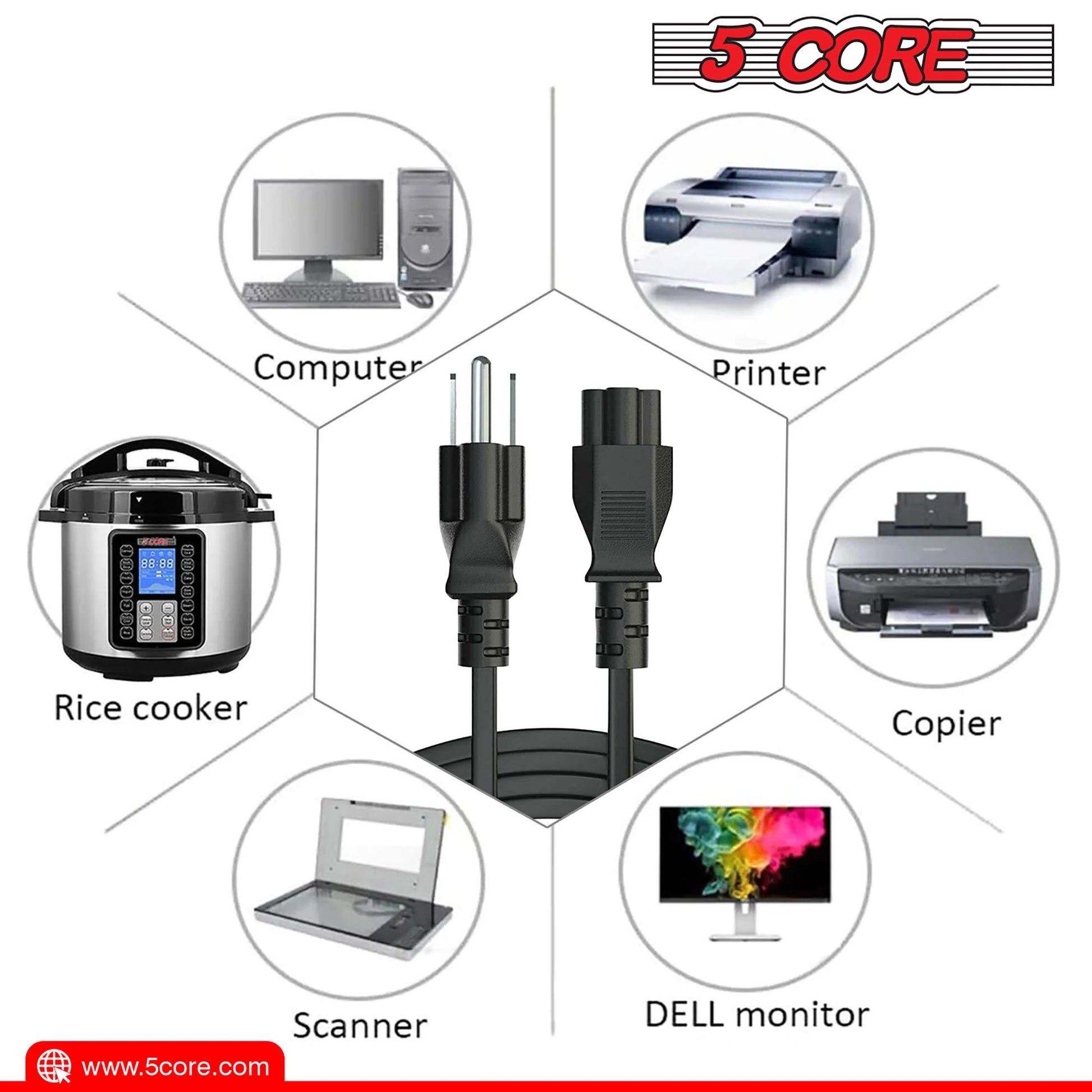 5Core AC Power Cord 10Ft 3 Prong US Male to Female Extension Adapter 16AWG/2C 125V 13A image 10
