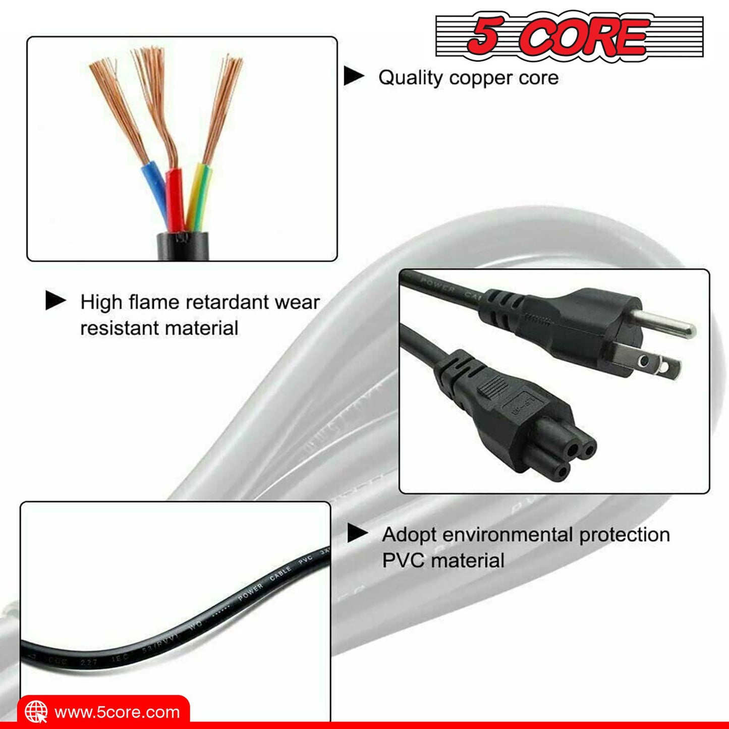 5Core AC Power Cord 10Ft 3 Prong US Male to Female Extension Adapter 16AWG/2C 125V 13A image 18