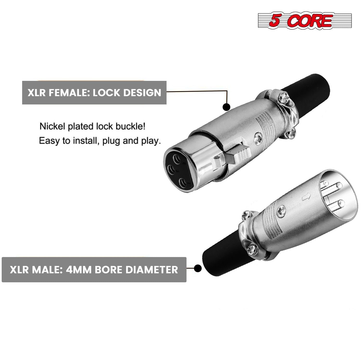 5Core XLR Connector Male Female to 1/4 Audio Jack 3 Pin Secure Mic Plug w Locking Ends image 16