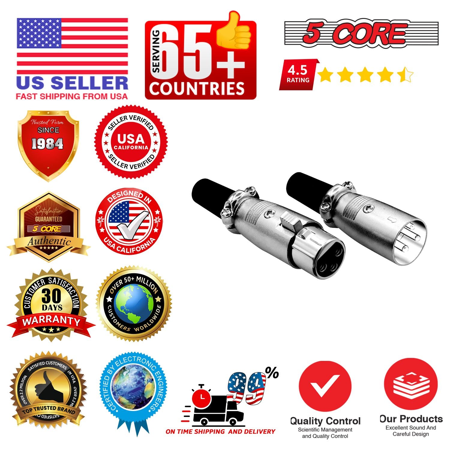 5Core XLR Connector Male Female to 1/4 Audio Jack 3 Pin Secure Mic Plug w Locking Ends image 9