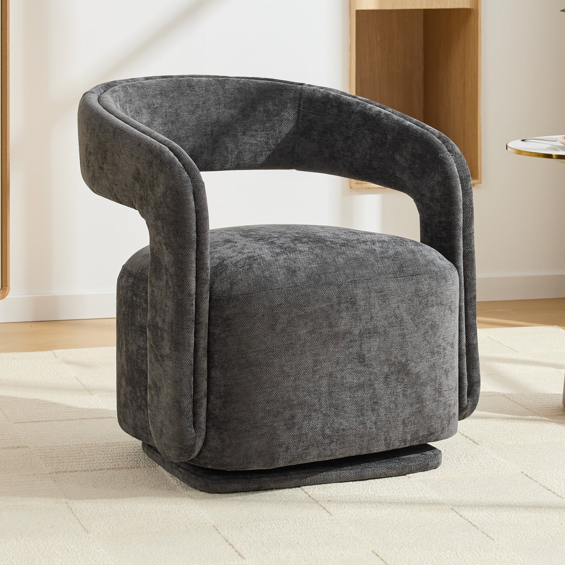 065-Chenille Fabric Swivel Accent Armchair, Comfy Barrel Leisure Chair With Curved Backrest, Upholstered Reading Chair With Black Swivel Base, 22-inch large seat depth and width, Dark Gray image 1