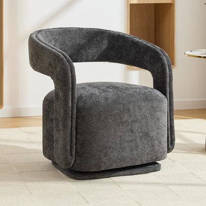 065-Chenille Fabric Swivel Accent Armchair, Comfy Barrel Leisure Chair With Curved Backrest, Upholstered Reading Chair With Black Swivel Base, 22-inch large seat depth and width, Dark Gray image 1